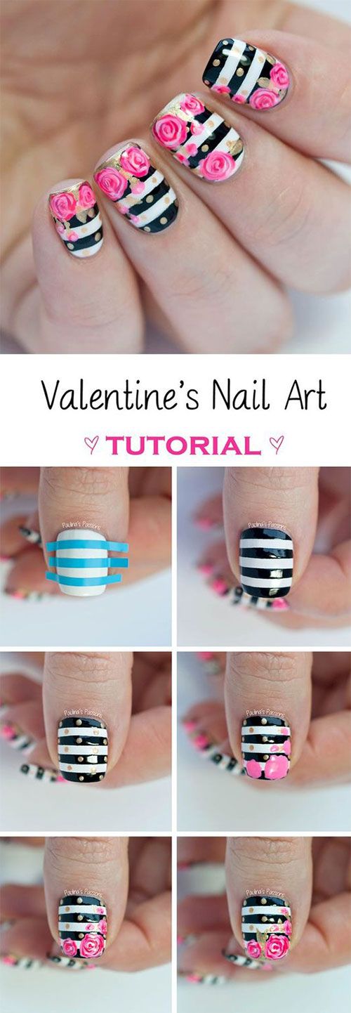 Striped nails with flower art