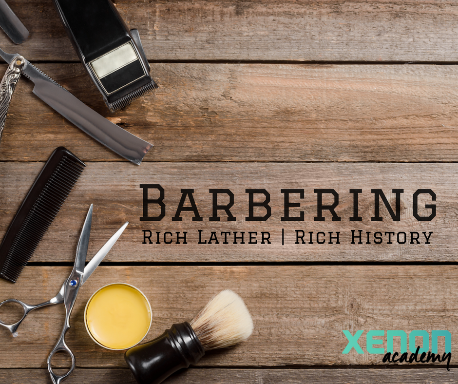 "Xenon Barber History" written on wood, surrounded by barbering tools